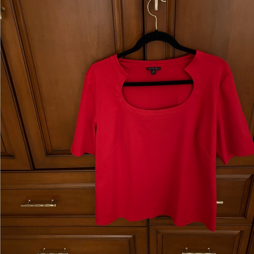 LAFAYETTE 148 NEW YORK RED STRETCH COTTON SHORT SLEEVE SQUARE NECK TEE SHIRT 2X